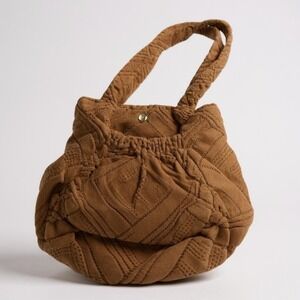Brown Quilted Corduroy Bucket Bag Purse Floral Lined‎ Snap Closure